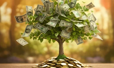 a flourishing small tree with dollar bills as leav (1)