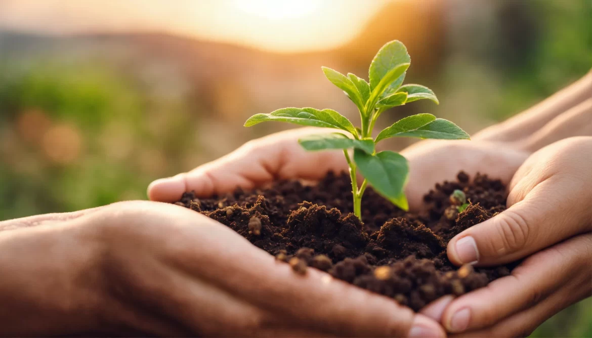 closeup on Hands together holding small plant in f