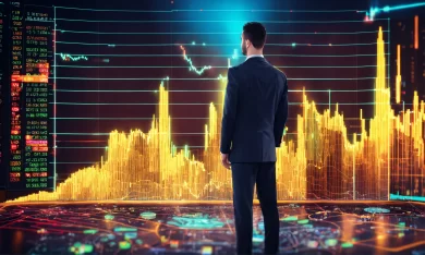 crypto chart at the background with businessman an